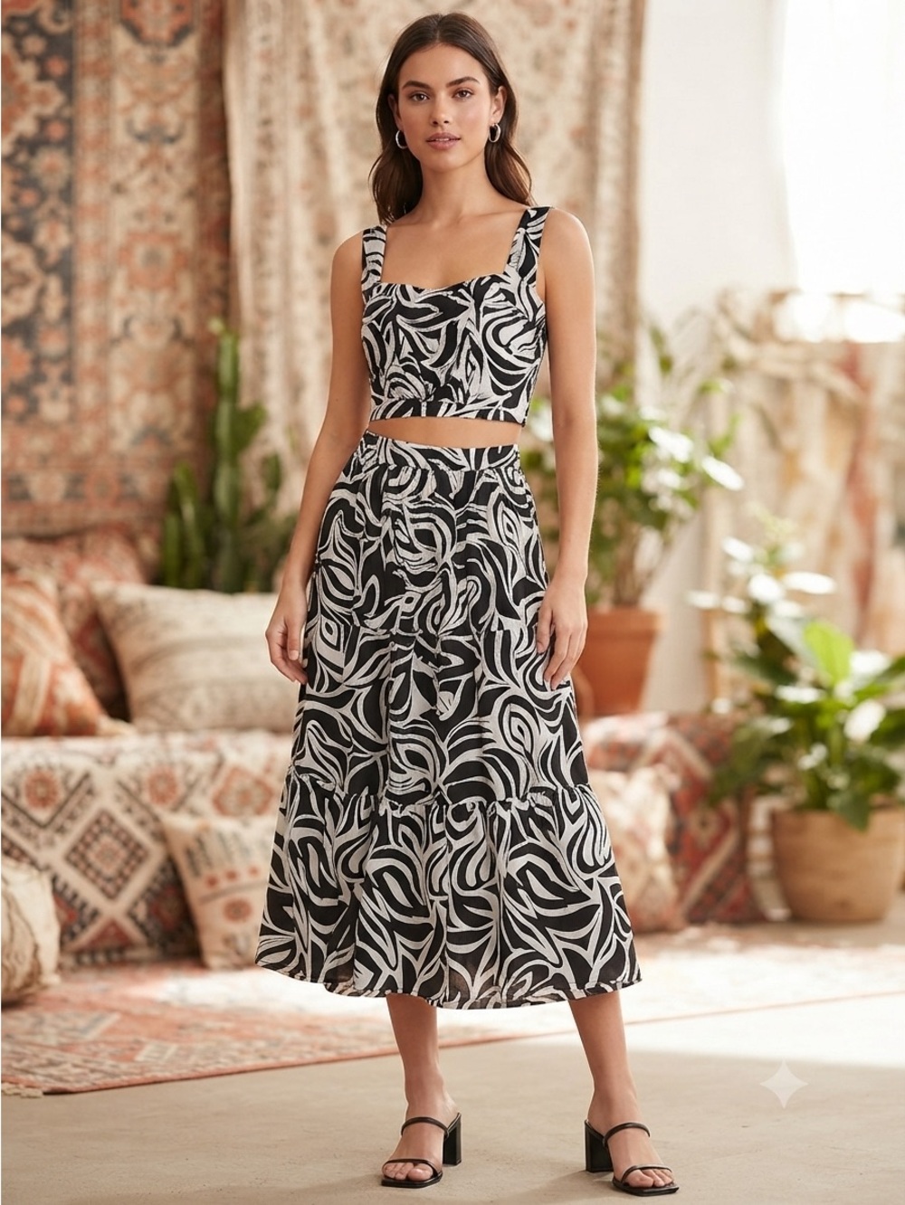 Rachel Zoe two piece Black & White Printed Midi skirt set
